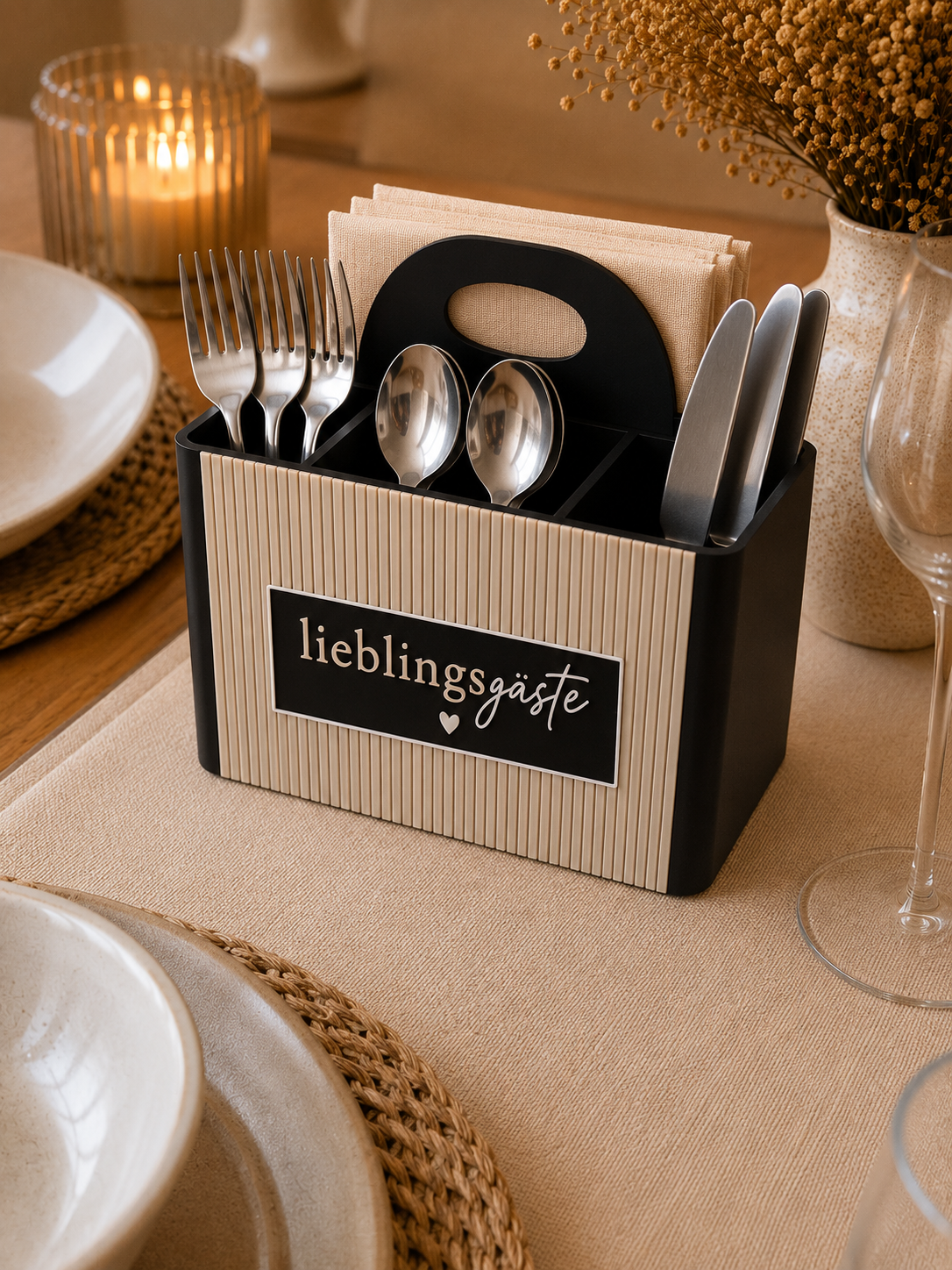 Besteckhalter im Paneel Look mit 4 Fächern Lieblingsgäste Schwarz oder Weiß