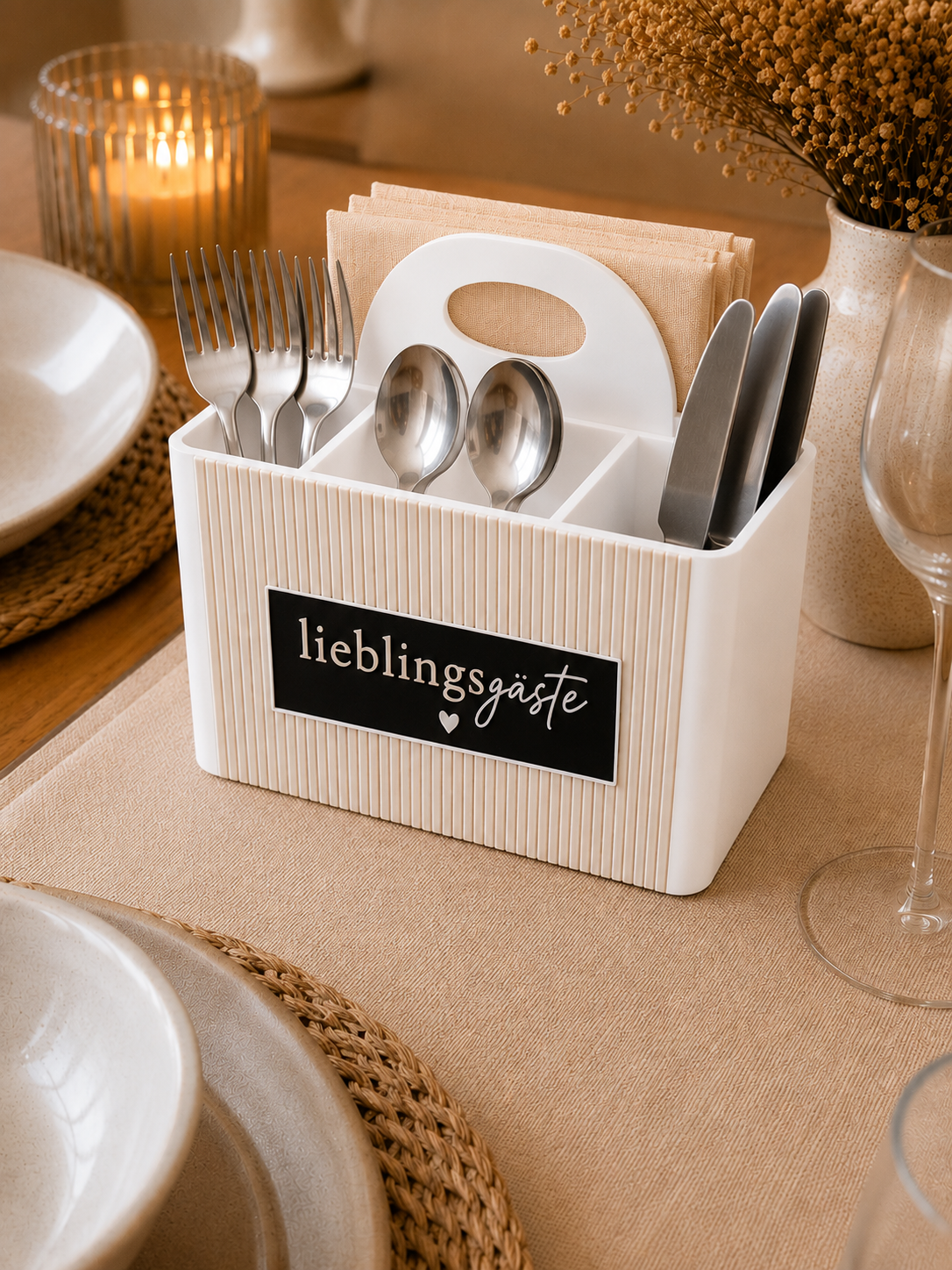 Besteckhalter im Paneel Look mit 4 Fächern Lieblingsgäste Schwarz oder Weiß