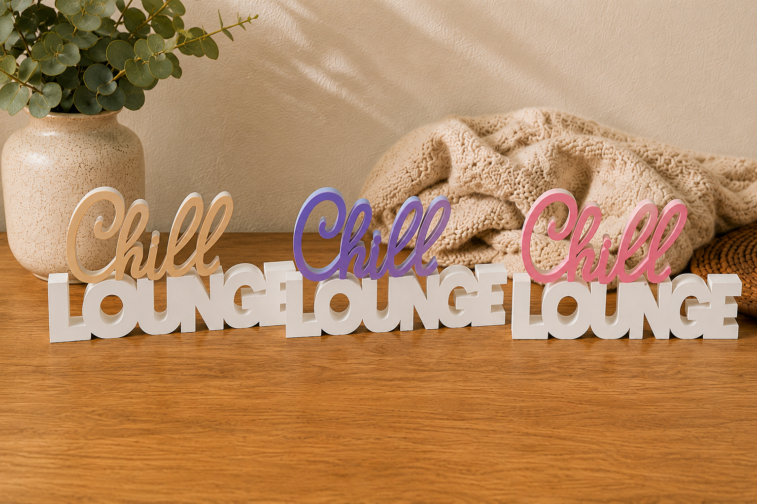 Chill Lounge Schriftzug 3D Druck zweifarbig – moderne Deko Handmade