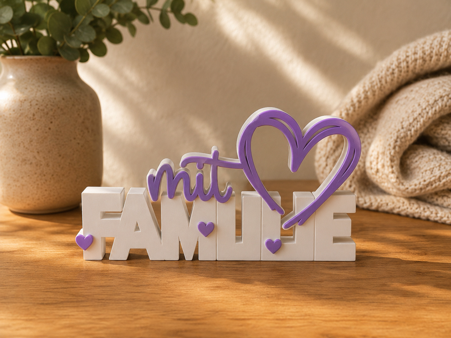 Familie mit Herz Schriftzug 3D Druck zweifarbig – moderne Deko handmade