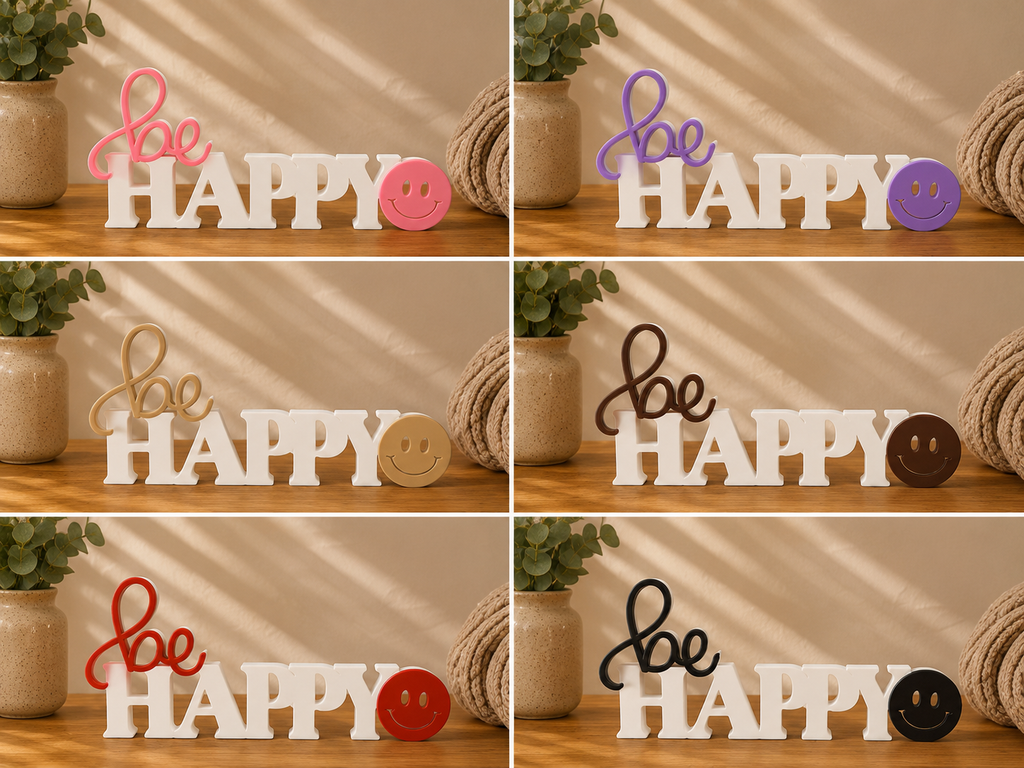 Be Happy Schriftzug 3D Druck zweifarbig – moderne Deko Handmade