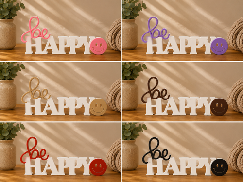 Be Happy Schriftzug 3D Druck zweifarbig – moderne Deko Handmade
