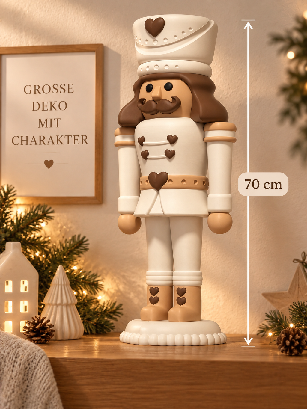 XXL Herzknacker 70 cm – 3D gedruckter Nussknacker in Beige/Braun oder Grau/Schwarz | Weihnachtsdeko
