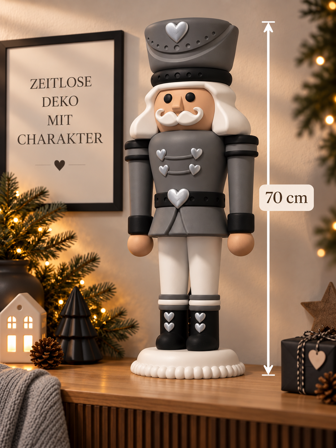 XXL Herzknacker 70 cm – 3D gedruckter Nussknacker in Beige/Braun oder Grau/Schwarz | Weihnachtsdeko